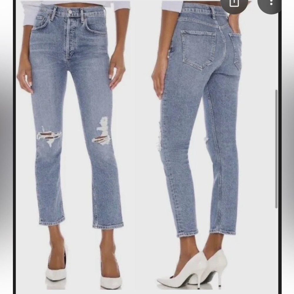 Agolde Blue Cropped Ankle Jeans with Distressed Design